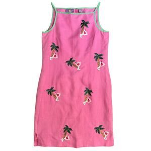 CJ Laing Dress 100% Linen Embroidered Palm Tree Cocktail Resort Lined Pink Sz 6
